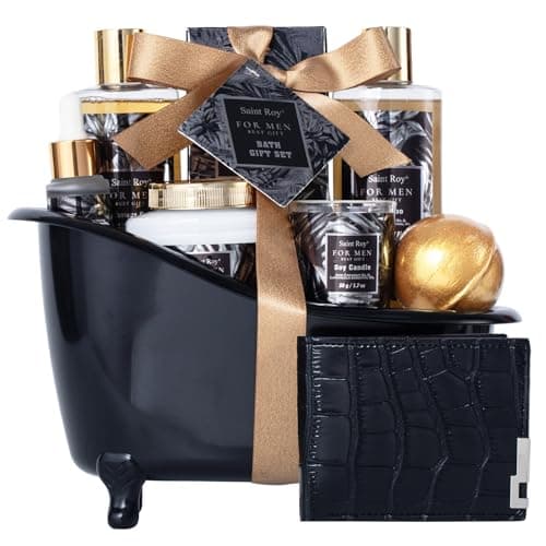 Gift for Dad Spa Gifts for Men, Bath & Body Kit, Spa Gift Set, Man Spa Basket Set for Dad, Mens Perfume Bath and Body Gift Set, Ideal Christmas Birthday Self Skin Care Set for Man Leather Wallet