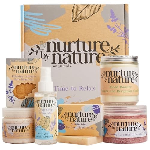 NURTURE BY NATURE Relax & Calm Christmas Gift Basket – Spa Gifts for Women with Bath Bomb, Hand Cream, Lavender Pillow Mist & Scented Candle - Vegan - Stocking Stuffers, Holiday Gifts, Gifts for Mom