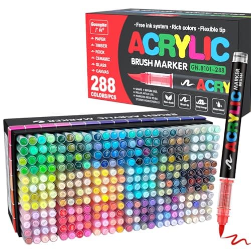 Guangna 288 Acrylic Paint Markers, Brush Tip Acrylic Paint Pens, Quick-Drying Waterproof Ink, for Rock Painting Plastic Wood Canvas Glass Ceramic Metal Art Crafts Supplies Gift