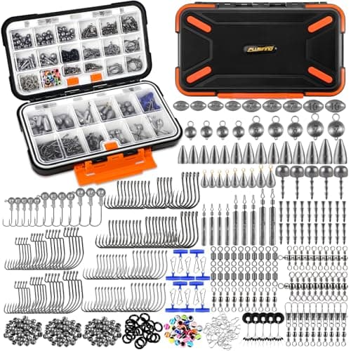 PLUSINNO 264/397pcs Fishing Accessories Kit, Organized Fishing Tackle Box with Tackle Included, Fishing Hooks, Fishing Weights Sinkers, Swivels, Beads, Fishing Gear Set Equipment for Bass Trout
