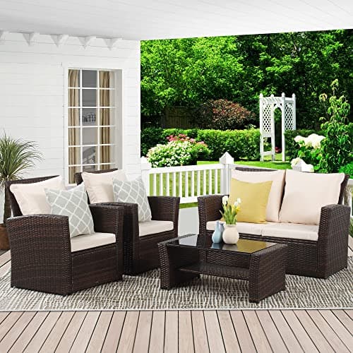 Wisteria Lane 4 Piece Patio Furniture Set, Wicker Outdoor Patio Conversation Furniture Set, All Weather Outdoor Patio Sofa with Cushion and Glass Table, Brown