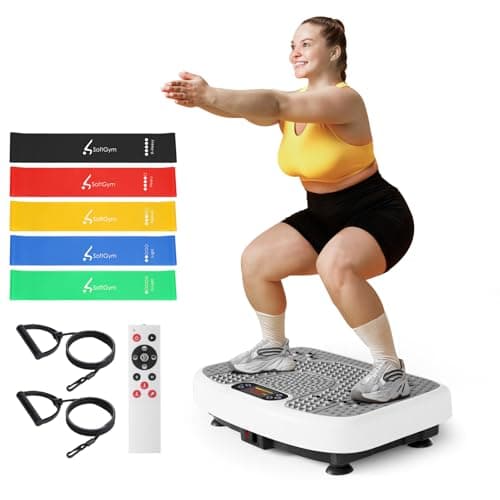 SoftGym Vibration Plate Exercise Machine for Lymphatic Drainage,Power Vibrate Stand Shake Board 450 Lbs Capacity Whole Body Workout Waver with Resistance Bands Weight Loss Gifts for Women Men-White