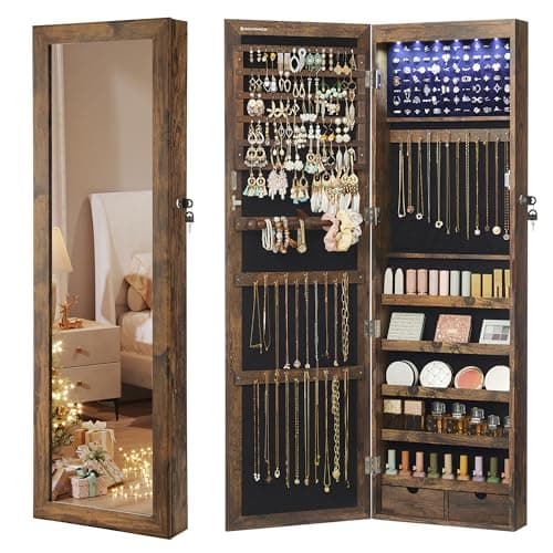 SONGMICS 6 LEDs Mirror Jewelry Cabinet, 47.2-Inch Tall Lockable Wall or Door Mounted Jewelry Armoire Organizer with Mirror, 2 Drawers, Christmas Gift, 3.9 x 14.6 x 47.2 Inches, Rustic Brown