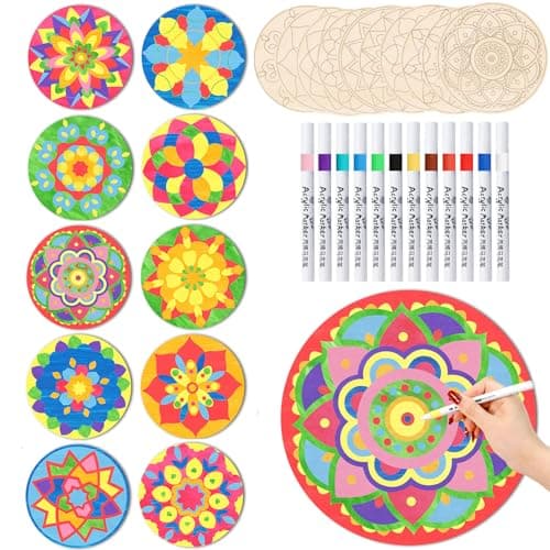 22Pcs Mandala Art Kit, DIY Unfinished Wood Crafts with Markers, 10 Wood Rounds - Perfect Hobby for Adults, Kids, Teens & Seniors - Ideal Gift for Beginner, Women & Elderly, Christmas Decor (With Tape)