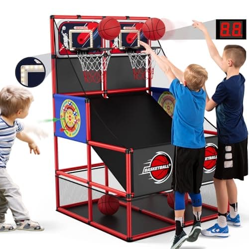 HYES 2 in 1 Dual Shot Basketball Arcade Game with 2 Dart Boards/Electronic Scoreboard/LED Light, Kids Basketball Hoop for Home Indoor Outdoor, Sport Toys for Boys Girls