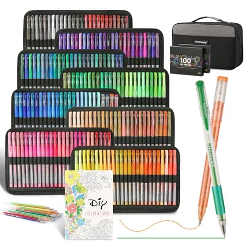 LANRENWENG 400 Pack Gel Pens for Adult Coloring Books, 200 Colored Gel Pen Include 200 Refills with 40% More Ink,Glitter Gel Pens Set for Coloring Books Drawing Journaling Scrapbook Art Supplies