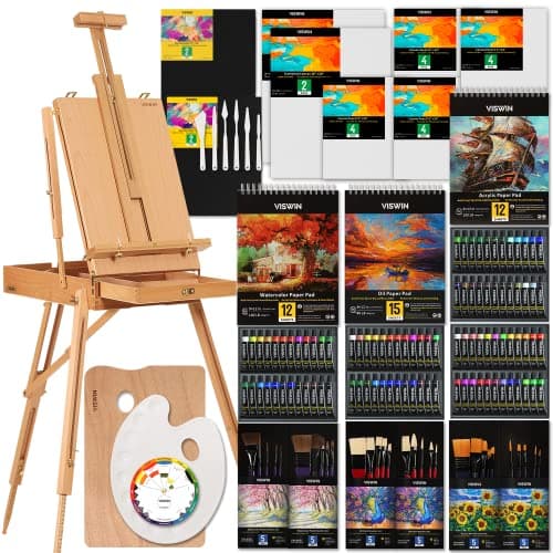 VISWIN Professional All-in-One Art Painting Kit with Beech Wood French Easel, 96 Acrylic, Watercolor & Oil Paint Set, Canvases, Painting Set with Supplies for Adults, Artists, Beginners