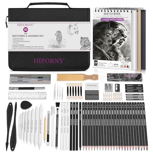 HIFORNY 100 PCS Drawing Set Sketching Kit,Sketch Pencils Art Supplies with Graphite,Charcoal,Blending Tools & Accessories,Portable Zippered Travel Case for Artists & Beginners